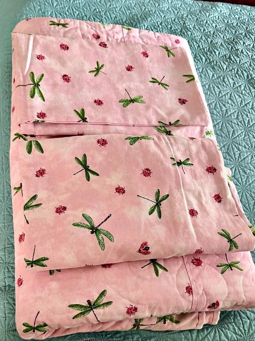 Full Sized Custom Sewn Pink Dragonfly & Ladybug Patchwork Quilt W/Matching Shams